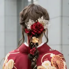 レッド　卒業式　袴　大学生　小学生　髪飾り　りぼん　赤　ゴールド　後撮り