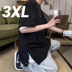◯メンズ　Tシャツ　3XL  黒　半袖　トップス　サイドボタン　オーバーサイズ