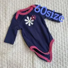 【綿100%】ベビー 長袖ロンパース 60 花柄 刺繍 ネイビー ピンク 3M