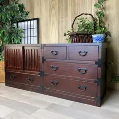 民芸家具和箪笥2点セット（三段四つ引き＋引き戸チェスト）木製桐材無垢和室和風総桐