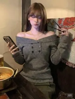 SHEIN オフショルニットトップス グレー