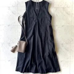 美品 インゲボルグ リネン混 Ｖネックワンピース 洗える ノースリーブ 黒 近年 美品 インゲボルグ リネン混 Vネックワンピース 洗える ノースリーブ