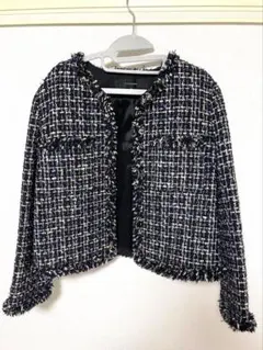 ネイビー系ツイード ノーカラージャケット