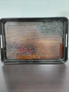 漆器の盆 花彫刻付き お盆 昭和レトロ 和風 ヴィンテージ 工芸品 民芸品