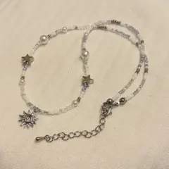 05 ハンドメイド ビーズネックレス クリア ホワイト ブルー 太陽 パール 星