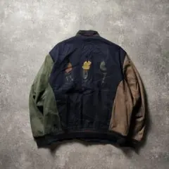 90sVintageウールスウェードレザースタジャン刺繍企業ロゴ短丈雰囲気抜群L