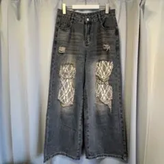 レース切り替え ワイドデニムパンツ ダメージ加工のサムネイル
