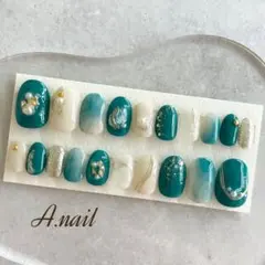 【ニュアンスネイルチップ】フルサイズ ブルーグリーン くすみ 成人式 振袖