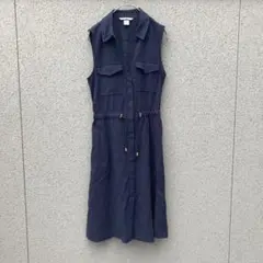 2536【H&M】2♡ノースリーブワンピース ひざ丈 ネイビー シャツワンピ