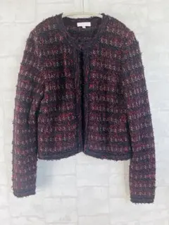 LESTERA ◆ノーカラー赤黒ツイードジャケット　38