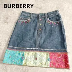 希少 バーバリーBURBERRY スパンコールパッチワーク刺繍デニムミニスカートのサムネイル