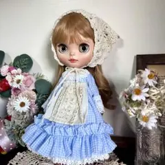 水色チェックロングエプロンワンピバブーシュカセット ブライス アウトフィット