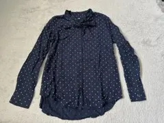 ユニクロ ネイビー ドット柄 リボン付き長袖シャツ M