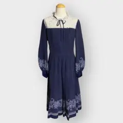 ビンテージ 60s~70s ロングワンピース レース リボン 花柄 ネイビー