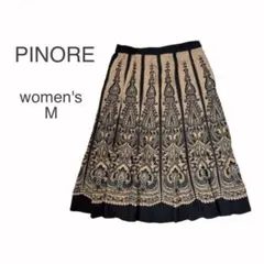 PINORE ひざ丈スカート フレア ウエストゴム M ペイズリー柄 黒×茶系