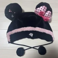 ミニーちゃん ファンキャップ 黒 ピンク リボン付き