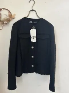 ZARA zara ザラ ノーカラー　ツイードジャケット　黒　金ボタン