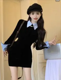 黒のベルベット長袖ミニワンピース