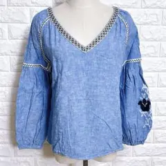 4221. ザラ ブラウス S ブルー リネン 刺繡 ゆったり オーバーサイズ