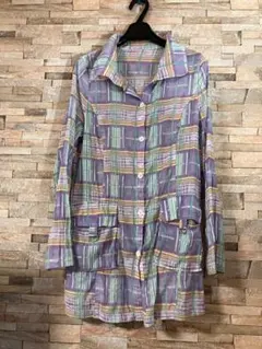 長袖チェック柄ロングシャツチュニック 紫 緑