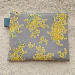 ミモザ柄・グレー・ミニフラットポーチ12㎝
