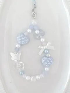 【新作】水色ハート〰︎︎ビーズストラップ 約15cm B931