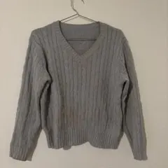 水色 Vネック ケーブル編み セーター