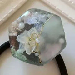 六角形 レジン ヘアゴム　大人　手描き花　マット　クリアブラック NO.2