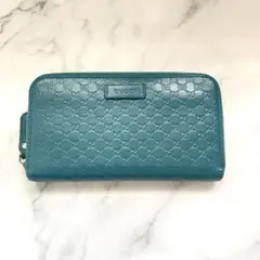 GUCCI 長財布 GG マイクロシマ ラウンドジップ レザー 青 長財布