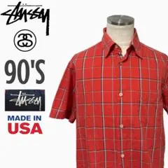 【90'S】stussy アメリカ製　USA製コットン半袖シャツ　チェックシャツ