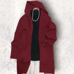 美品 フード付きロングカーディガン コート Ｌ バーガンディボルドー 赤