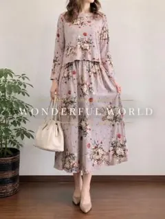 WONDERFUL WORLD カネコイサオ クマ 花柄 ロングスカート 水色系 WONDERFUL WORLD カネコイサオ クマ 花柄 ロングスカート 水色系