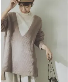 アーバンリサーチ FOX混深Vネックニット　ベージュ　ロング丈