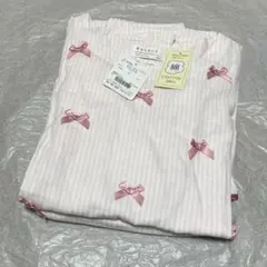 新品☆ナルエー 半袖パジャマ Wガーゼ M〜L☆ストライプ リボン付き ピンクのサムネイル
