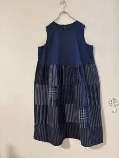 7️ハンドメイド️絣チュニック️絣着物リメイク️パッチワーク️久留米絣 絣パッチの巻き襟チュニック　両脇ポケット付き　綿100% 着物リメイク　ハンドメイド