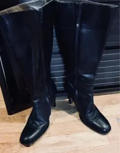 黒レザー ロングブーツ 高ヒール7(24)黒革