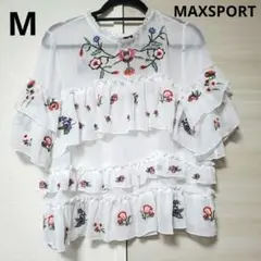 MAXSPORT【M】花柄　刺繍フリルブラウス　半袖　ホワイト