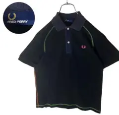 希少古着フレッドペリークレイジーパターンステッチポロシャツ日本製ブラック刺繍ロゴ