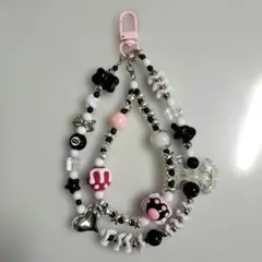 ビーズキーホルダー ビーズストラップ ピンク 白黒 じゃらじゃらキーホルダー
