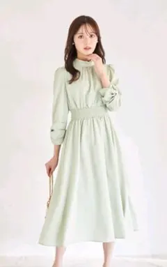 袖口りぼん付きプチフリルネックウエストシャーリングワンピース　ミント