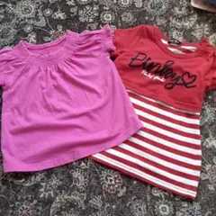 ピンクと赤ストライプのTシャツ2点セット