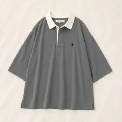 ユーエスポロアッスン オーバーサイズ半袖ラガーシャツ くすみグリーン 胸元ロゴ