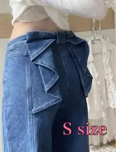 デニム　バックリボン　付きデニム　ワイドパンツ　青　ブルー