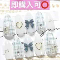 ネイルチップ現品オーダー量産型フレンチガーリー韓国ワンホンチェック白青水色ブルー