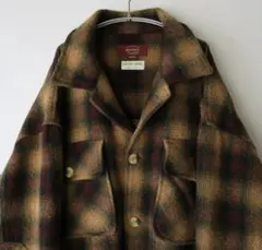 オンブレチェック柄　カシミア混ウールジャケット　開襟　茶　M ゆるだぼ　古着