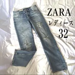 ザラ ZARA ジーンズ ストレート クラッシュ デニム ダメージ加工 XS