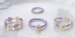 『No.58』 パープル① ビーズ リング 4つセット ハンドメイド 韓国 お花