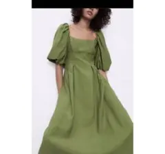 ZARA パフスリーブ ロングワンピース グリーン
