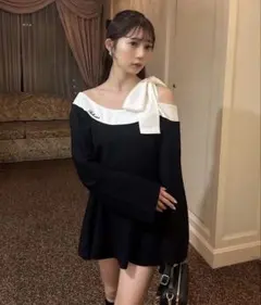 エムミーエメ　オフショルリボンニットミニワンピース M me eme エムミーエメ オフショル リボンニット ミニワンピース