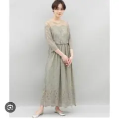 チュールパネルレースロングワンピースドレスM38グリーン